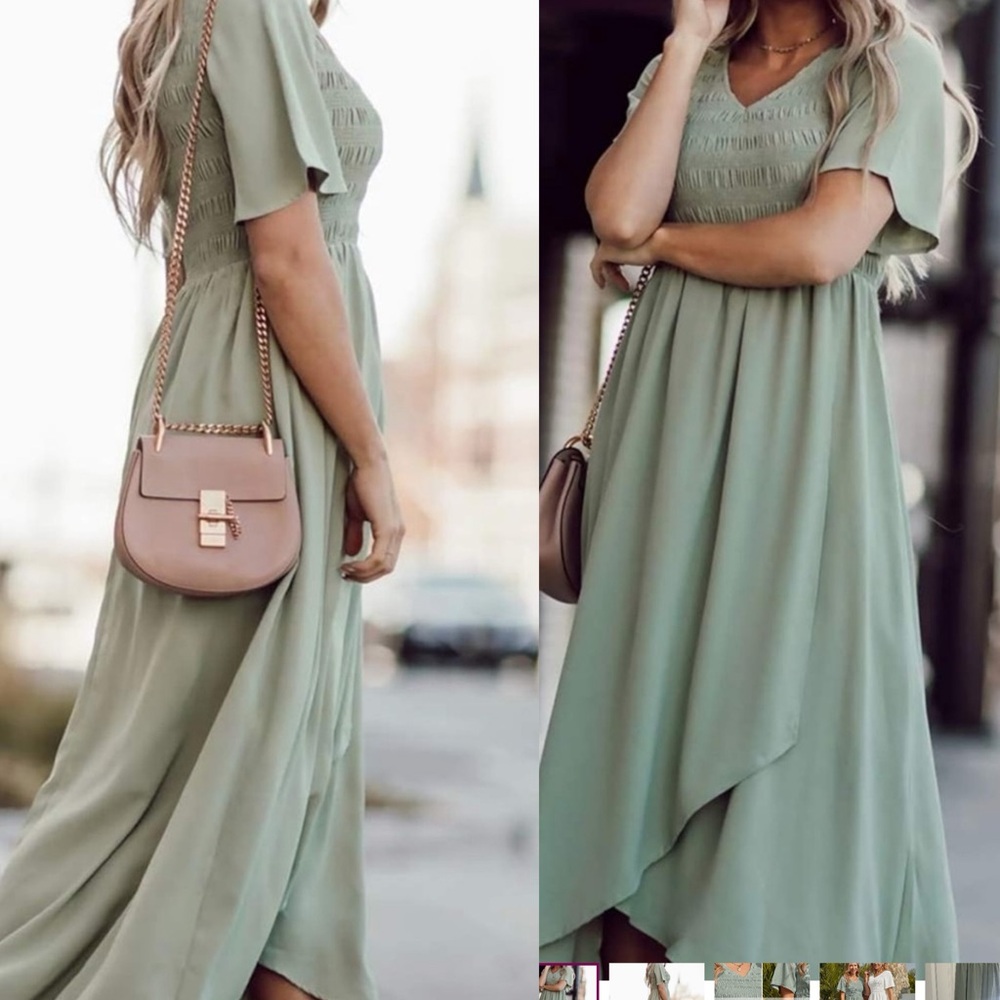 Smocked Bodice High-Low Maxi Dress in Sage Green